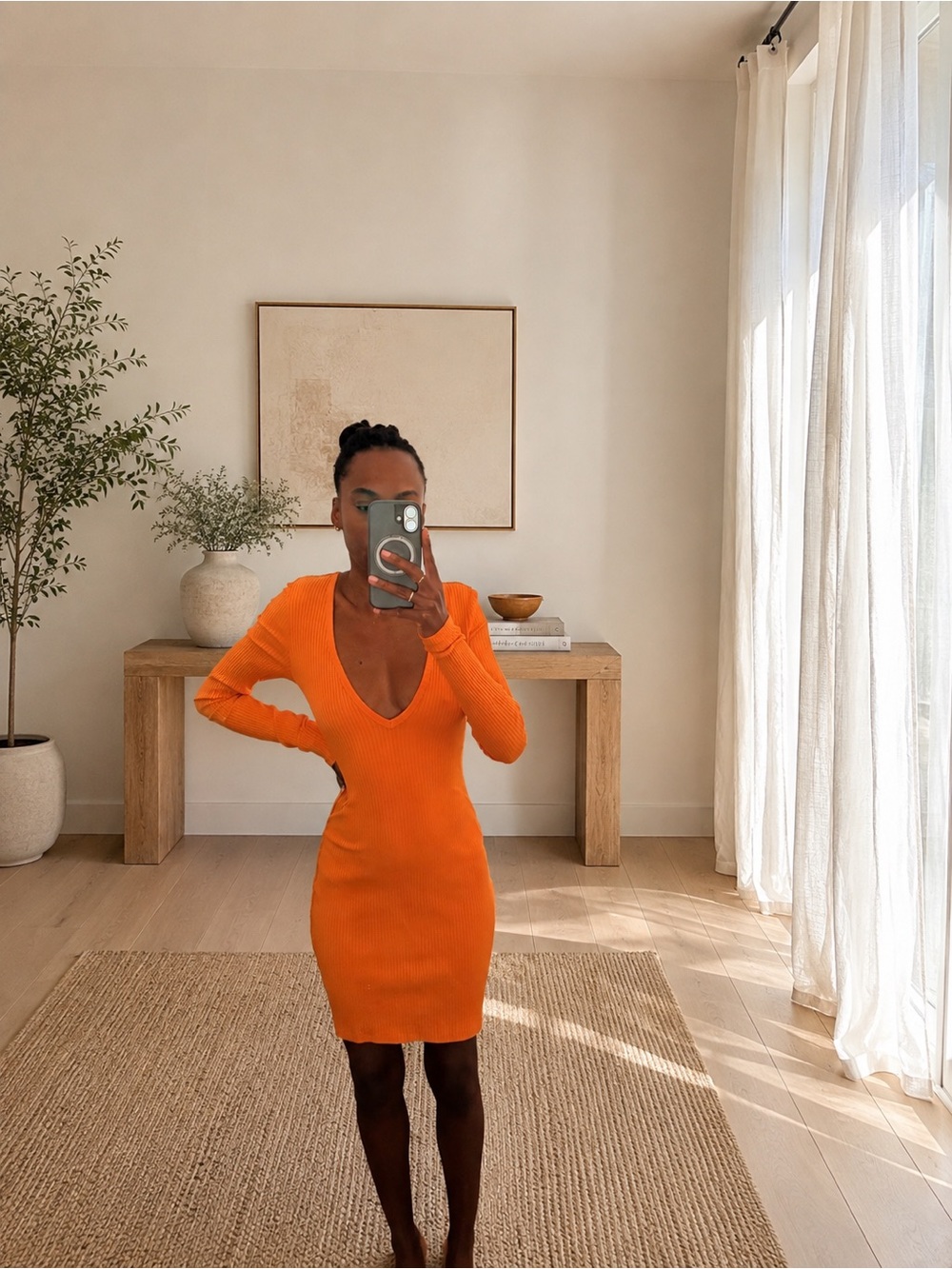 Wilfred Plunge V-Neck Ribbed Bodycon Dress in Orange